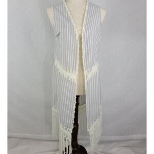 Indigo Thread Co Vest XS Blue White Striped Duster Crochet Fringe Open Front